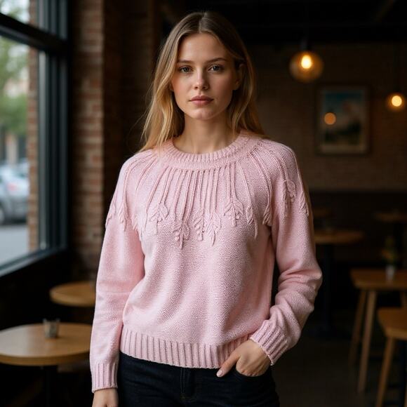 Talbots Knit Sweater Women Medium Embroidered Light Pink Preppy Coquette Crew - Picture 1 of 14